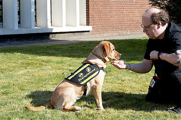 Ein Mann trainert mit einem Therapiehund.
