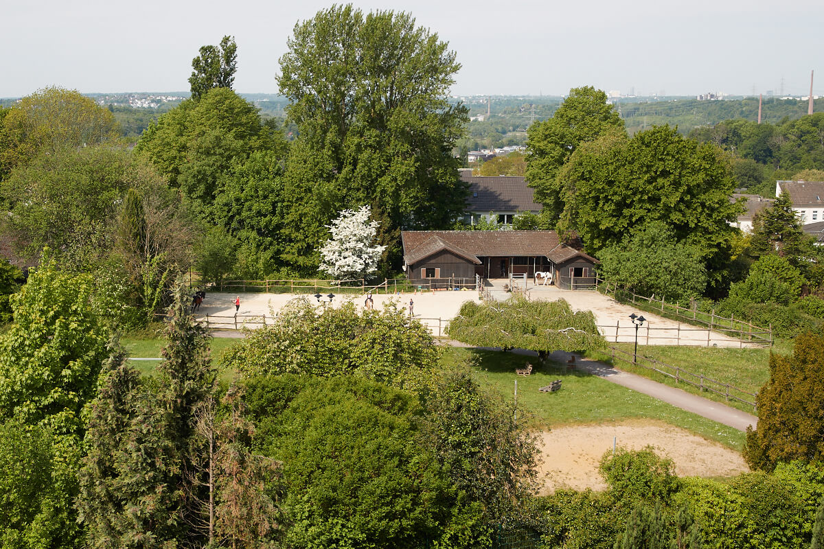 Ansicht von oben über die Stallungen, Reitplatz und Pferdekoppeln der Tagesklinik.